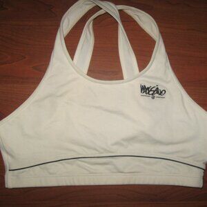 Vintage MOSSIMO Y2K Cross Back Sz S Wireless Sports Bra Off White Black Logo